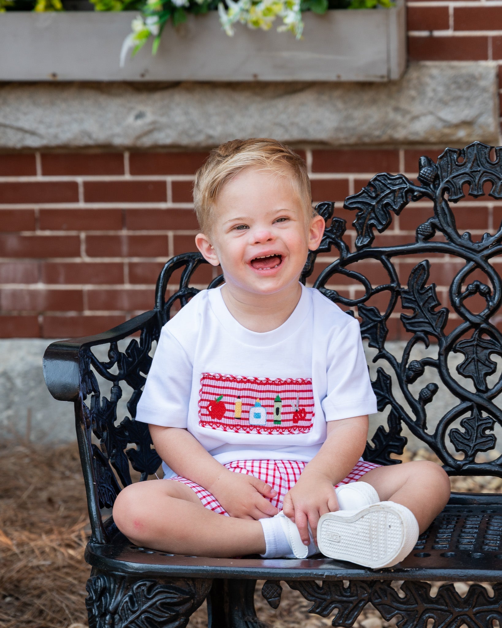 School Supplies Smocked Red Windowpane Shorts Set